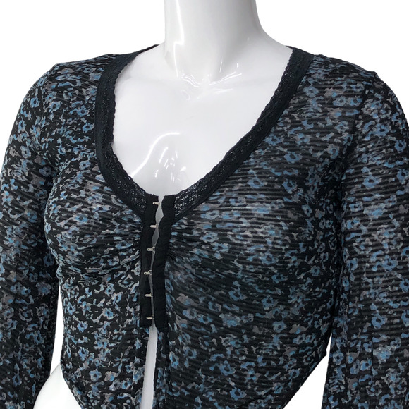 Free People Womens Size M Crop Top Mesh Bell Sleeve Tie Waist Hook and Eye Close - Picture 3 of 16